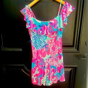 Lilly Pulitzer Cotton Off the Shoulder Romper Pink/Blue X-Small